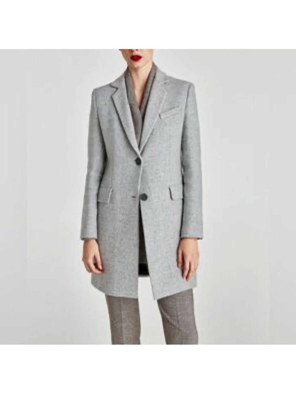 Zara Woman Wool Blend Light Grey Mid Length Coat Size Medium